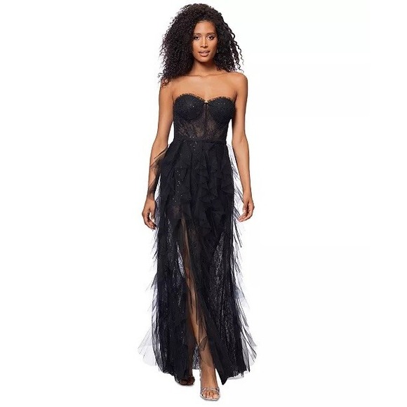 Mac Duggal Dresses & Skirts - Betsy Adam Gown Women 12 Black Lace Tulle Sequin Tiered Ruffle Strapless Formal